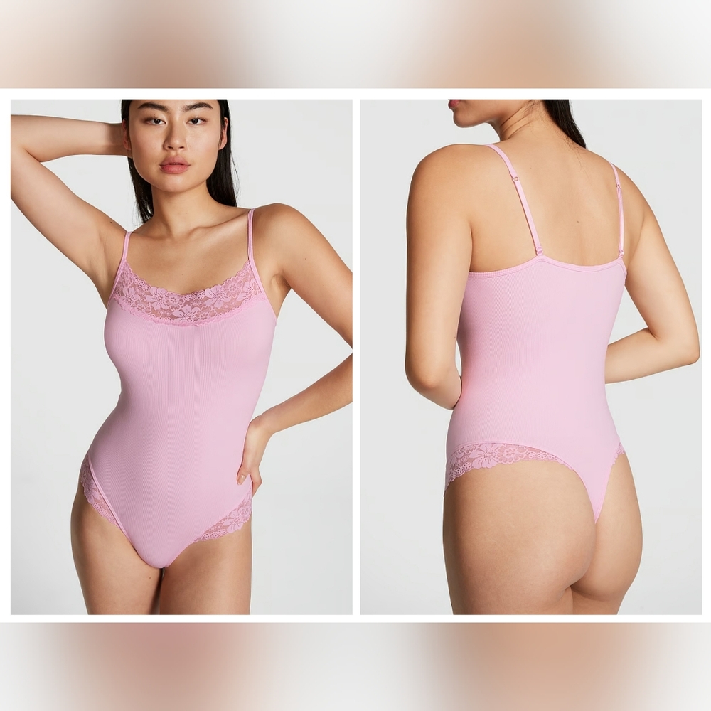 Victoria's secret pink WINK seamless rib lace thong bodysuit MEDIUM